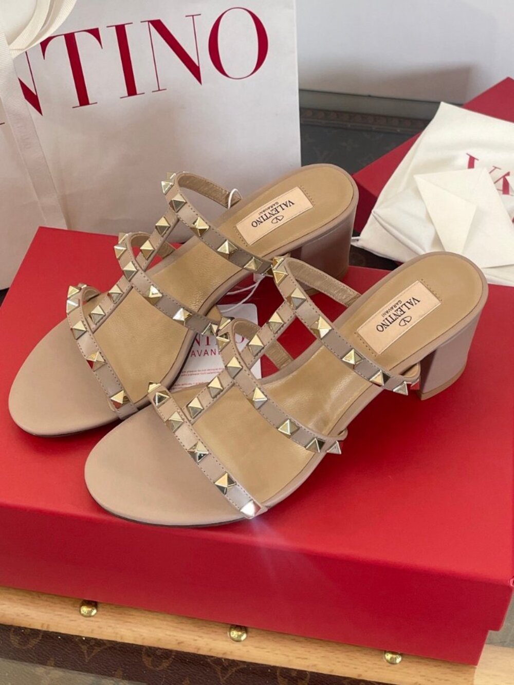 Valentino Rockstud Nude Block Heel Slide Sandals